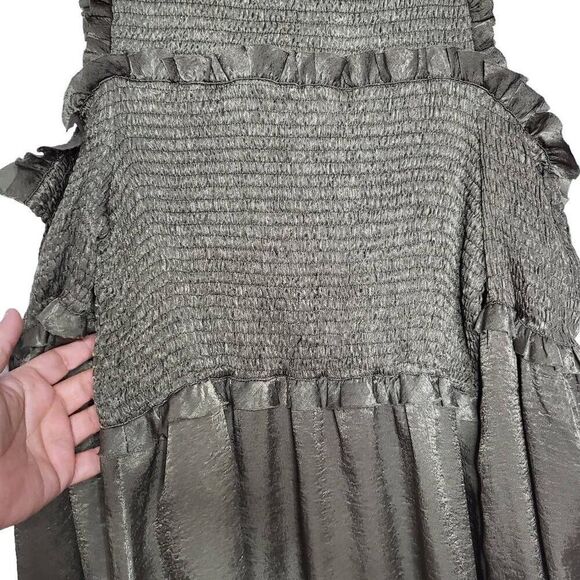 NEW STORIA Olive Green Cold Shoulder Balloon Sleeves Ruffle Mini Dress Medium - Picture 6 of 11